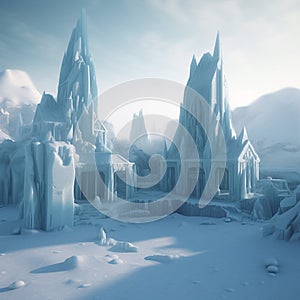 Icy frozen city, ancient buildings with towers covered with snow and ice, fantastic landscape,