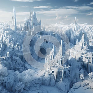 Icy frozen city, ancient buildings with towers covered with snow and ice, fantastic landscape,
