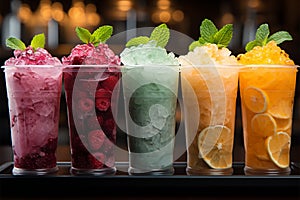 Icy fruit slushies stand united in plastic cups, forming a chilly lineup photo