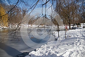 Icy lake and snow at Central Park