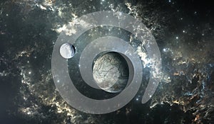 Icy moon of extrasolar planet with stars on nebula background photo