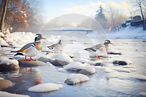 icy river with snowbanks and ducks