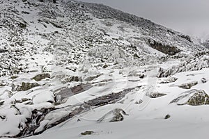 Icy river after a winter storm at the Rila mountain in Bulgaria, Maliovica