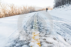 Icy road on a mountainside