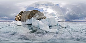 Icy rocks of Olkhon Island are Lake Baikal. Spherical 360 180 vr panorama