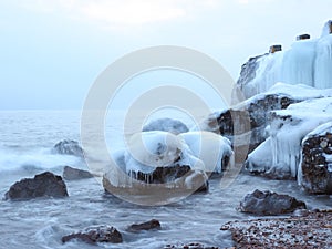 Icy rocks on the shore