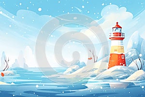 icy sea with lighthouse beam through snowfall