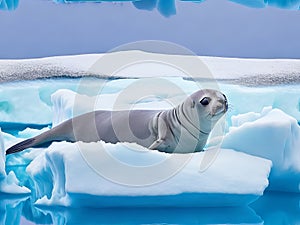 Icy Serenity: A Crabeater Seal Rests Among Drifting Pack Ice in Antarctica.