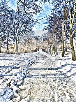 Icy sidewalk in winter