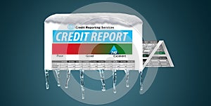 An icy, snow covered credit report in a snowstorm illustrates the idea of freezing your credit report.