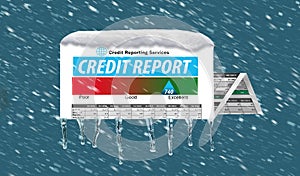 An icy, snow covered credit report in a snowstorm illustrates the idea of freezing your credit report.