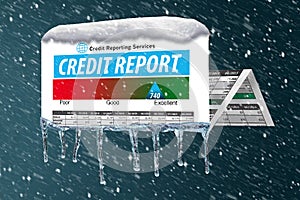 An icy, snow covered credit report in a snowstorm illustrates the idea of freezing your credit report. photo