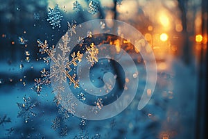 Icy snowflakes on a window pane