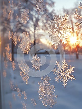 Icy snowflakes on a window pane