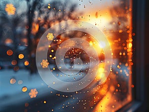 Icy snowflakes on a window pane