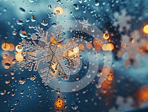 Icy snowflakes on a window pane