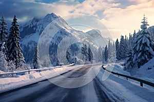 Icy Snowy road with mountain view. Generate ai