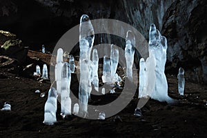 Icy stalagmites at Karani-koba cave in Crimea moun