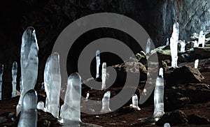Icy stalagmites at Karani-koba cave,Crimea,UKraine photo