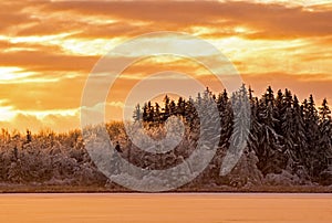 Icy Sunset Scene At Island Lake In Orangeville, Ontario