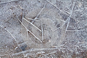 An icy surface covered with cracks and furrows