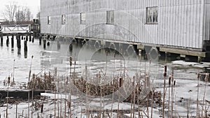 Icy Waterfront Industrial Building with Frozen Cattails and Snow