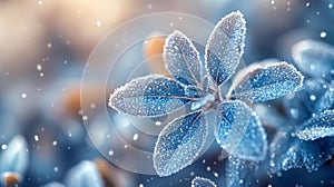 Icy Winter Leaves with Frosted Dew Drops Creating a Frozen Effect in Nature photo