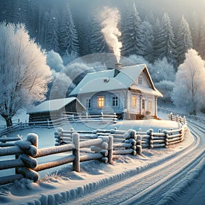 Icy Winter Small White Country Cottage Farmhouse Old Home House Chilliwack Canada AI Generated
