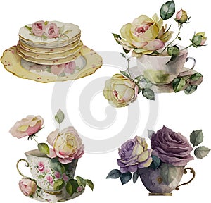 Watercolor vector vintage yellow, pink, purple bouquet of roses in teacup and plates, on white background