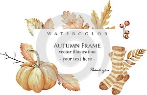 Watercolor vector orange fall leaves frame. Hand painted autumn illustration. Perfect for invitations