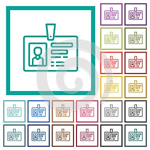 ID badge outline flat color icons with quadrant frames