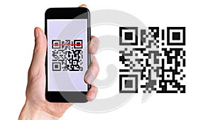 Id qr. Hand holding mobile smartphone screen for online pay, scan barcode technology with qr code scanner on digital