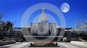 Idaho Falls Mormom LDS Latter Day Saint Temple with Full Moon in Sky