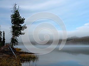 Idaho mountain lake morning fog