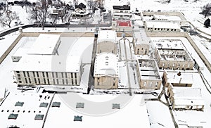 Idaho old Penitentiary aerial view with snow covered ground in w