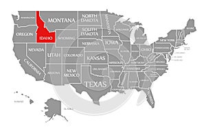 Idaho red highlighted in map of the United States of America