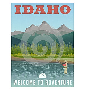 Idaho, travel poster of mountain stream and fly fishing