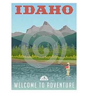 Idaho, travel poster of mountain stream and fly fishing photo