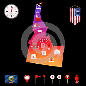 Idaho Vector Map, Night View. Compass Icon, Map Navigation Elements. Pennant Flag of the USA. Industries Icons