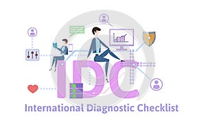 IDC, international diagnostic checklist. Concept table with keywords, letters and icons. Colored flat vector photo