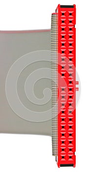 IDE connector plug in red, flat grey ribbon interface cable for PC computer HDD hard drive, large detailed isolated vertical macro