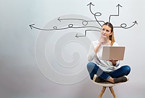Idea arrows with young woman using her laptop
