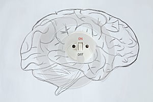 Idea, artificial itelligence, innovation and creativity Business concept, with a human brain and a switch on white background.
