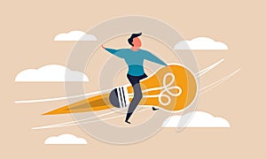 Idea booster career and success business innovation on cloud. Finance rocket with character vector illustration concept. Lamp