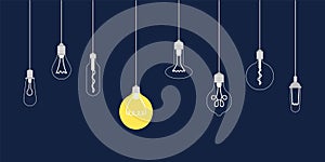 Idea bulb banner. Innovations thinking, creative science or business think. Different light bulbs hang on rope