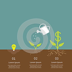 Idea bulb seed, watering can, dollar plant infographic. Financial growth concept. Flat design.