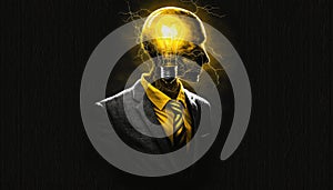 Idea businessman in suit with bright electric lamp bulb head yellow lightning, employee manager