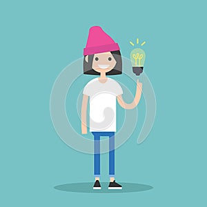 Idea Concept. Aha moment. Young smiling girl is pointing a finger on the light bulb / flat editable vector illustration