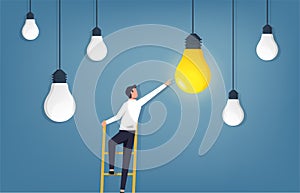 Idea concept. Businessman climbing ladder and reaching light bulb vector illustration