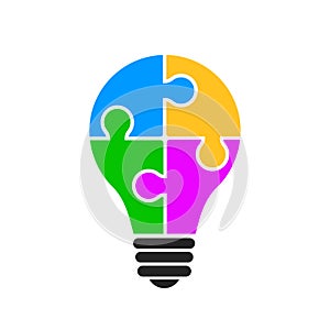 Idea concept, creative bulb sign, innovations. Lightbulb made of colourful puzzle pieces - vector